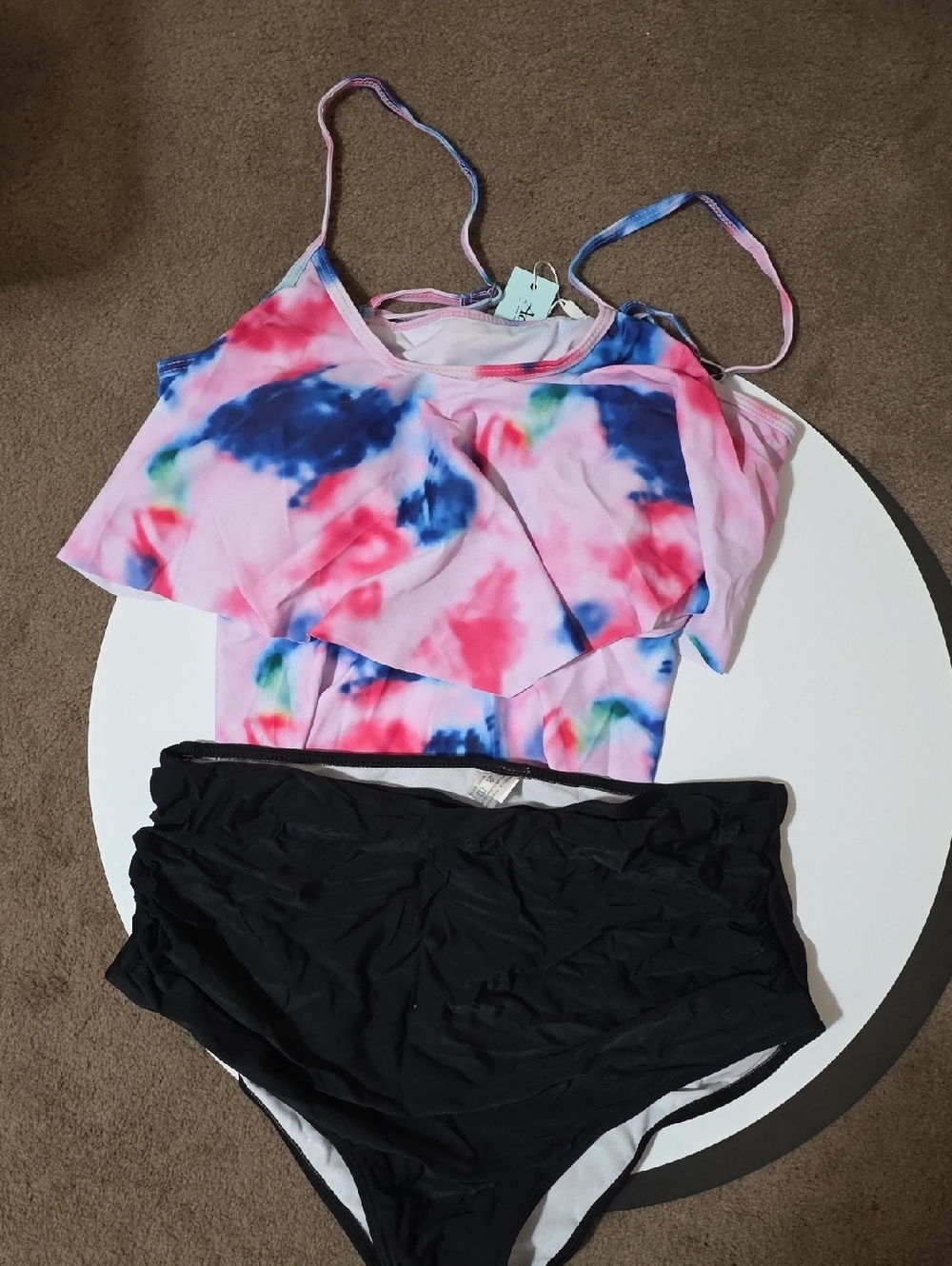 Tie-Dye Pink & Blue Ruffle Bikini Top with Black High-Waist Bottoms